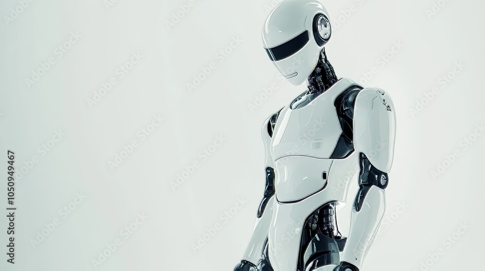 Sleek humanoid robot with a minimalist design and smooth white surfaces standing in an idle pose Sleek humanoid robot with a minimalist design and smooth white surfaces standing in an idle pose