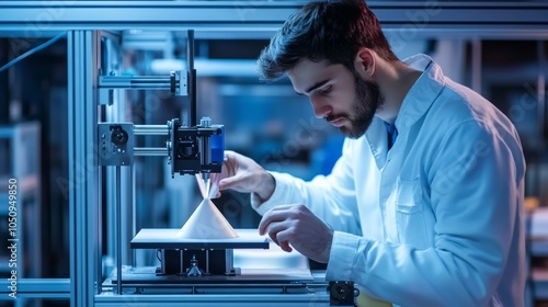 Technician setting up a 3d printing system in a manufacturing facility