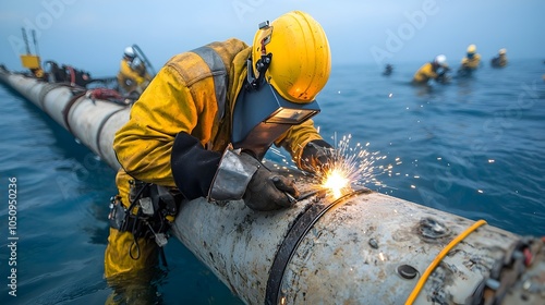 A skilled welder expertly working on an underwater turbine surrounded by deep blue waters teeming with vibrant marine life photo