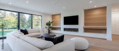 Modern minimalist living room design featuring a cozy sofa and large windows with a view of nature