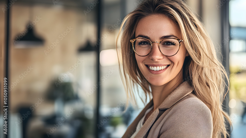 Fototapeta premium Smiling businesswoman in office setting radiating confidence and positivity