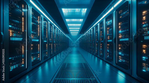 modern server room with rows of data center equipment, illuminated by blue lights