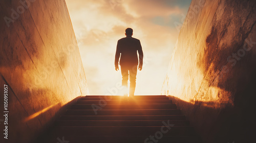 silhouette of man walking up stairs towards bright light, evoking hope and determination