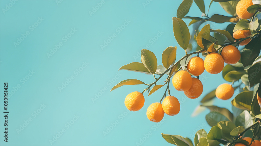 Ripe oranges hanging from branch against bright blue sky Ripe oranges hanging from branch against bright blue sky