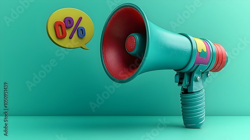 Vibrant 3D megaphone design with a bold speech bubble and a colorful percent sign set against a bright teal background for attention grabbing digital advertisements promotions and branding