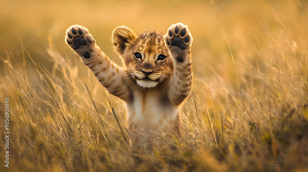 Obraz premium Playful lion cub raising paws in tall grass, exuding joy and curiosity