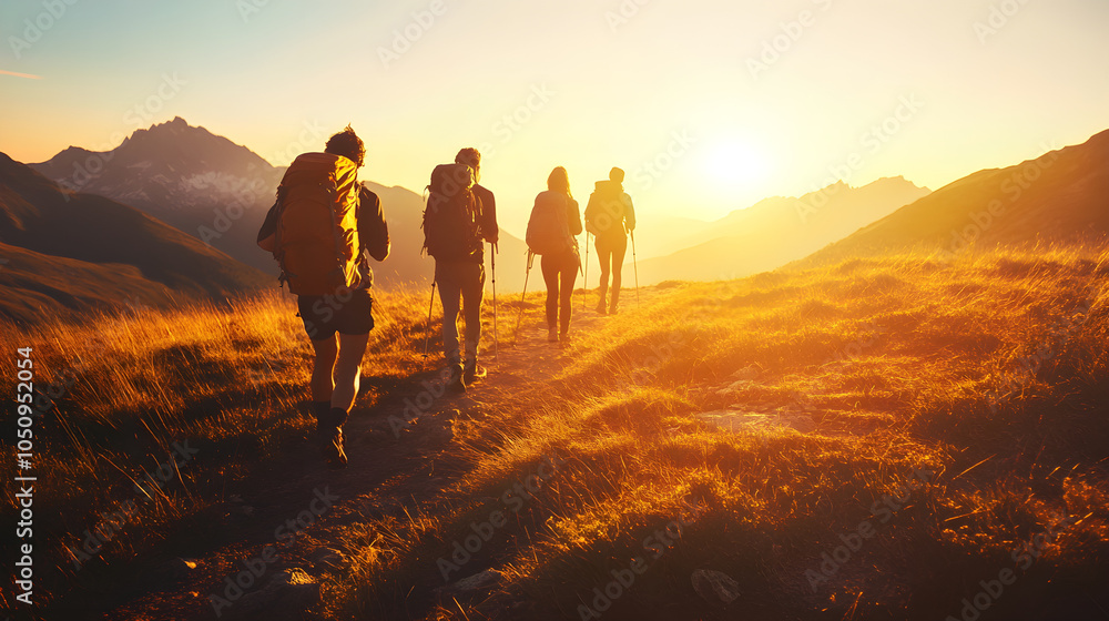 Obraz premium group of friends hiking during beautiful sunset in mountains