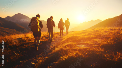 group of friends hiking during beautiful sunset in mountains