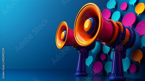 Powerful communication and information sharing concept represented by a group of 3D megaphones with vibrant speech bubbles on a deep blue background showcasing the impact of technology marketing photo