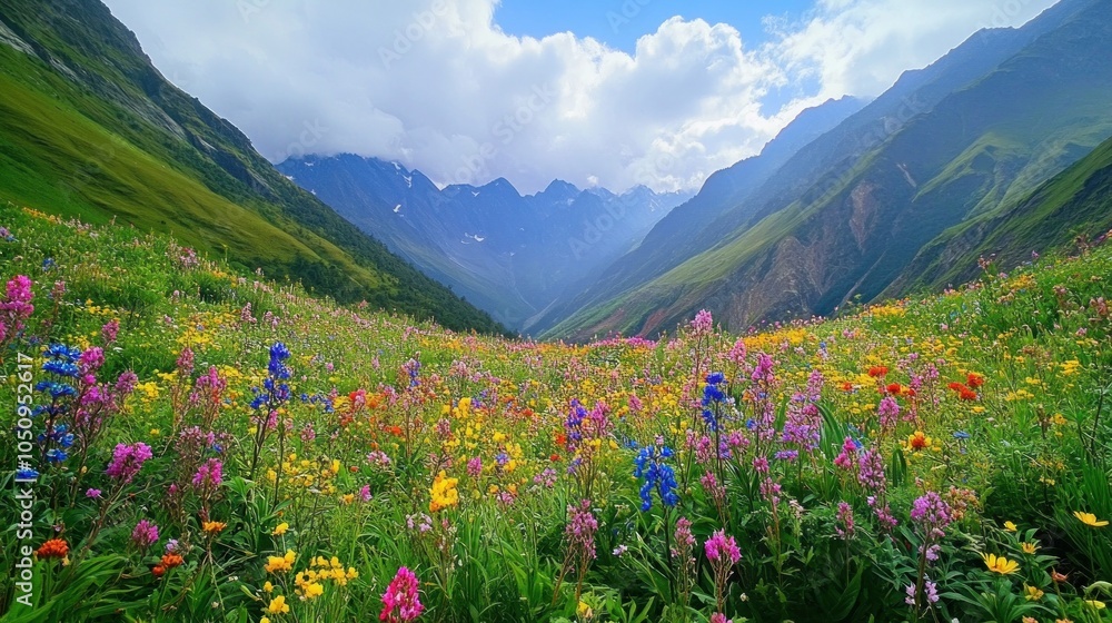Fototapeta premium A Verdant Valley of Colorful Flowers in Mountainous Landscape