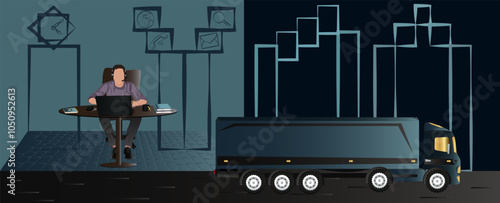 men in a office, working in call center,logistics, fast express,computer, businessman vector,book and copybook in a table, coffee, mouse, headphone, letter, phone, search, clock, pen, delivery, truck