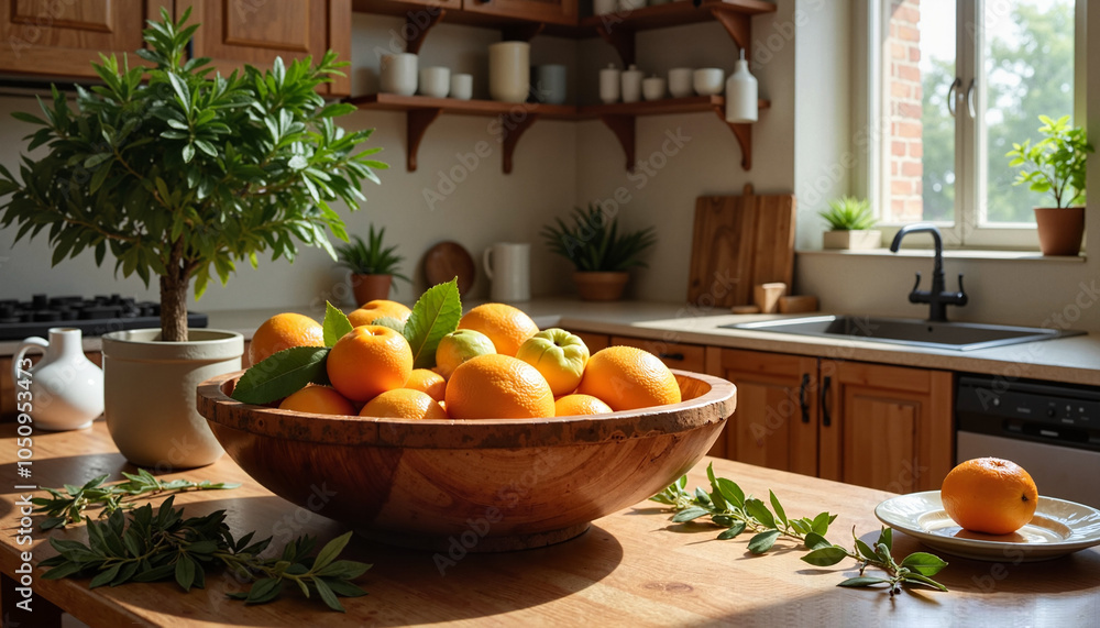 Fresh oranges in wooden bowl in cozy kitchen interior Fresh oranges in wooden bowl in cozy kitchen interior