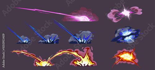 Weapon visual effects, explosion from artillery shell, rocket or bomb, plasma explosion, laser weapon, explosion in the air. Template 2D animation, video game, comic book. Vector cartoon illustration