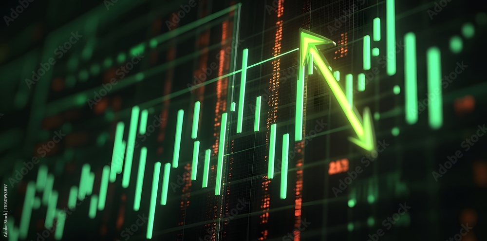 A digital stock market chart displaying fluctuating prices with an upward trend indicator. A digital stock market chart displaying fluctuating prices with an upward trend indicator.