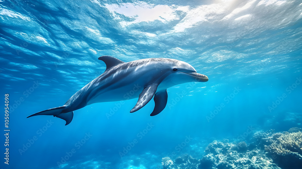 Naklejka premium Dolphin swimming underwater in blue ocean with sunlight filtering through