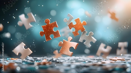 Vibrant and colorful puzzle pieces floating in mid air creating a dynamic and captivating abstract composition that symbolizes creativity problem solving and innovative thinking