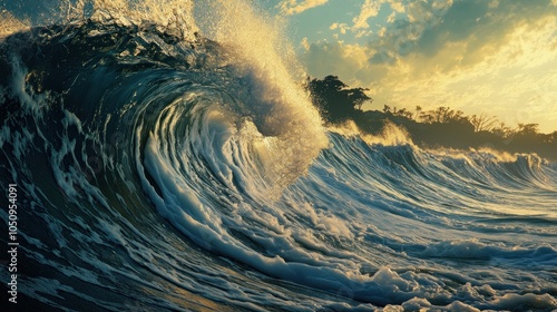 Powerful Ocean Wave Crashing at Sunset
