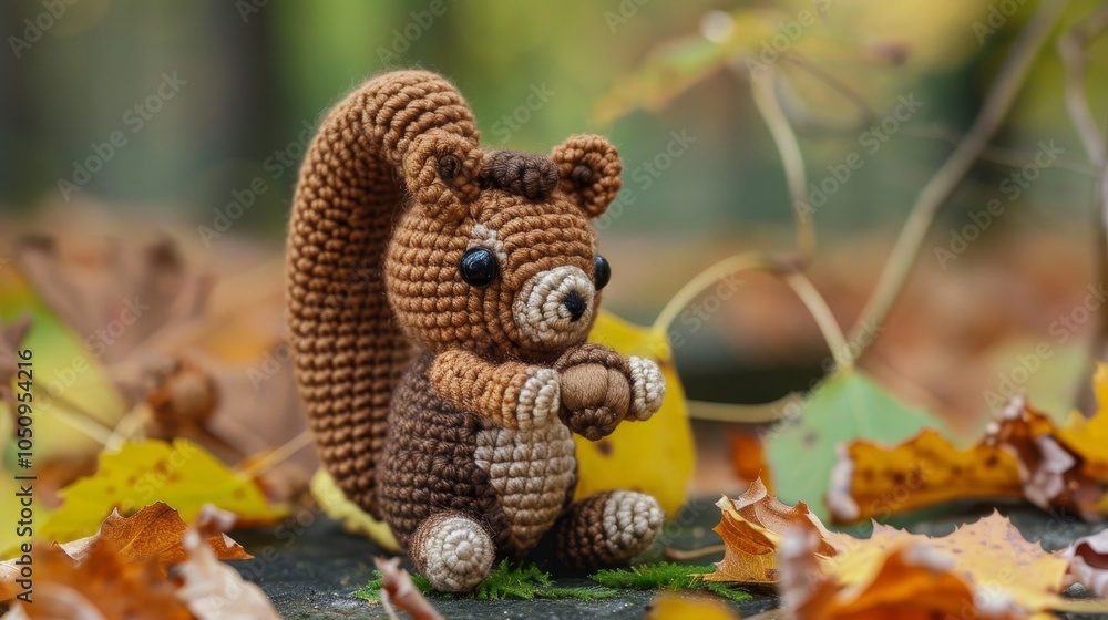 A lovable crocheted squirrel sits in an array of vibrant autumn leaves, clasping an acorn, embodying the serene beauty and transformation of fall. A lovable crocheted squirrel sits in an array of vibrant autumn leaves, clasping an acorn, embodying the serene beauty and transformation of fall.