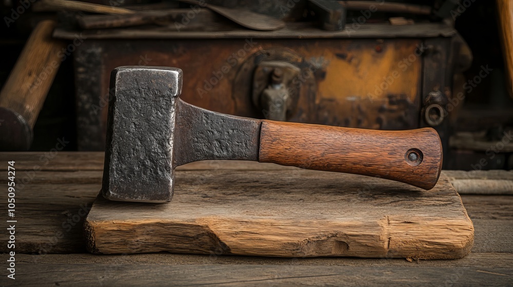 Rustic iron hammer with a weathered wood handle on a wooden board, captured in a high-quality outdoor workshop scene Rustic iron hammer with a weathered wood handle on a wooden board, captured in a high-quality outdoor workshop scene