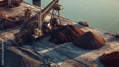 Stockpile of iron ore at a port, ready for transport or processing photo