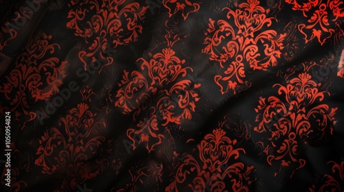 Wallpaper Mural An intricate red damask pattern elegantly flows across a dark background, creating a sense of luxurious sophistication and vintage charm. Torontodigital.ca