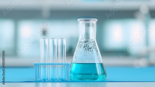 Close Up of Bubbling Glass Flask and Test Tube on Desk in Blue Bannered Laboratory Environment Ideal for Science and Research Imagery photo