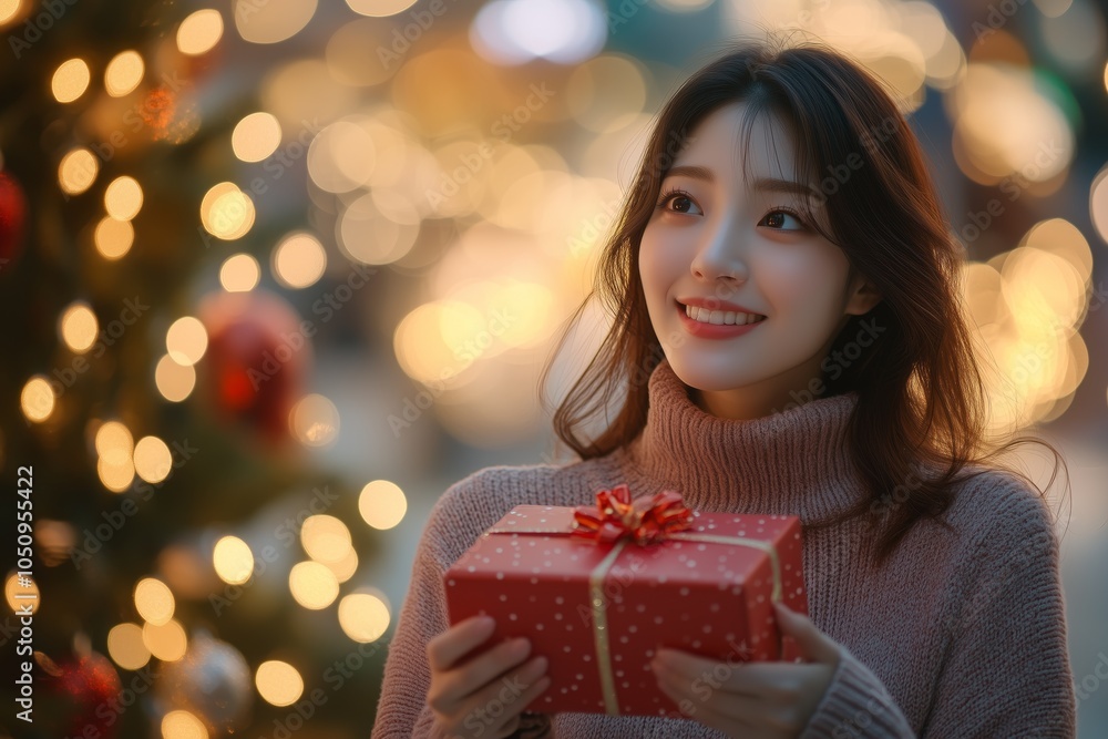 beautiful woman smiling holding an open red gift box in her hands, with a blurred Christmas tree behind her beautiful woman smiling holding an open red gift box in her hands, with a blurred Christmas tree behind her