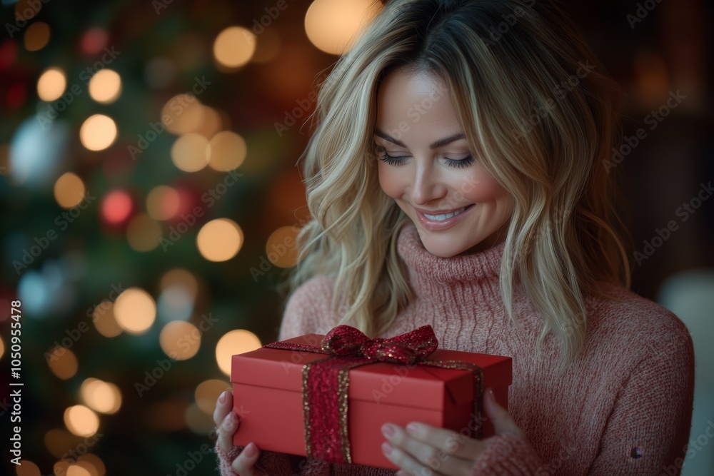 beautiful woman smiling holding an open red gift box in her hands, with a blurred Christmas tree behind her beautiful woman smiling holding an open red gift box in her hands, with a blurred Christmas tree behind her