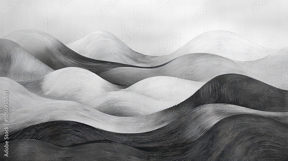 Abstract black-and-white landscape illustration with fluid, wavy lines resembling rolling hills or sand dunes, evoking a sense of movement and calm. AI generative. Abstract black-and-white landscape illustration with fluid, wavy lines resembling rolling hills or sand dunes, evoking a sense of movement and calm. AI generative.