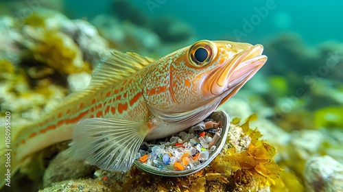 Micro Plastics Detailed view of fish stomach contents showing microplastics, visual impact of pollution on marine species photo