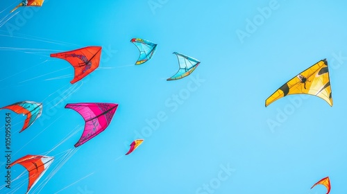 An inspiring image of a diverse range of vibrant kites flying against a clear blue sky, Representing the joy and freedom found in embracing diverse perspectives and identities, minimalist style photo