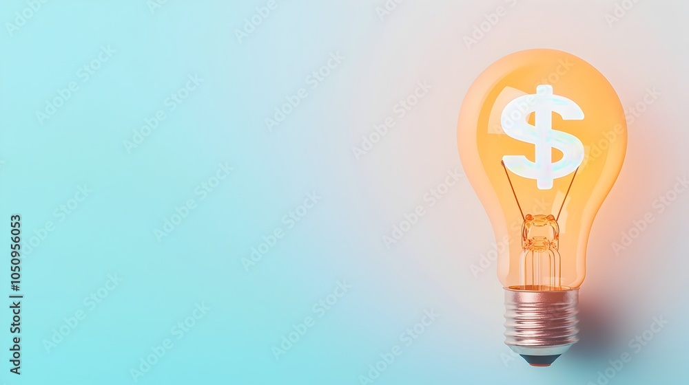 Glowing lightbulb symbolizing an innovative idea accompanied by a floating holographic dollar sign set against a clean white and blue gradient background Glowing lightbulb symbolizing an innovative idea accompanied by a floating holographic dollar sign set against a clean white and blue gradient background