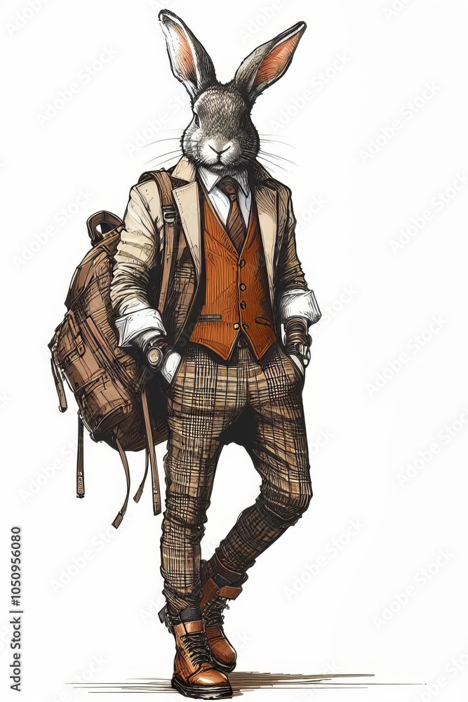 Ein eleganter Osterhase in einem karierten Anzug mit Weste und Krawatte, kombiniert mit einem großen Rucksack. Die Illustration im Vintage-Stil wirkt modisch und detailreich. Generative KI. Ein eleganter Osterhase in einem karierten Anzug mit Weste und Krawatte, kombiniert mit einem großen Rucksack. Die Illustration im Vintage-Stil wirkt modisch und detailreich. Generative KI.
