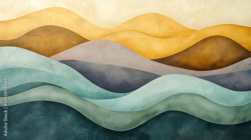 Abstract landscape illustration with layered waves in earthy tones of yellow, teal, and gray. Soft gradients and textures evoke desert hills or coastal dunes. AI generative. Abstract landscape illustration with layered waves in earthy tones of yellow, teal, and gray. Soft gradients and textures evoke desert hills or coastal dunes. AI generative.