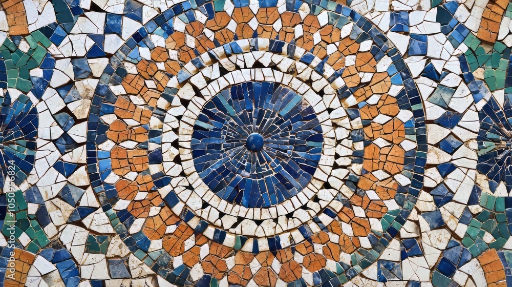 Obraz premium Close-up of an intricate mosaic with circular patterns in blue, orange, white, and green hues. Textured and geometric, evoking Mediterranean and artisanal design. AI generative.