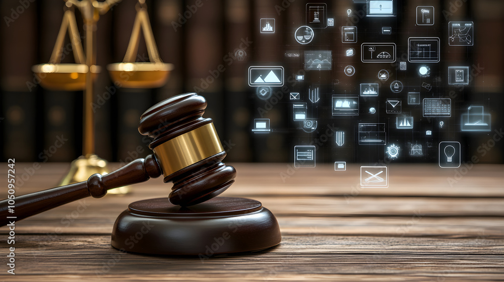 judges gavel rests on wooden desk, surrounded by digital icons representing law and technology judges gavel rests on wooden desk, surrounded by digital icons representing law and technology