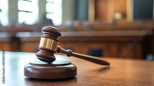 judges gavel rests on wooden table in courtroom, symbolizing justice