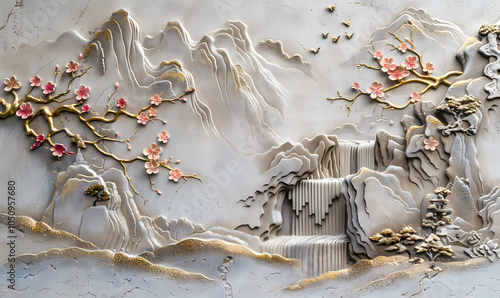 Volumetric stucco molding on a concrete wall with golden elements, Japanese landscape, waterfall, mountains, sakura colorful