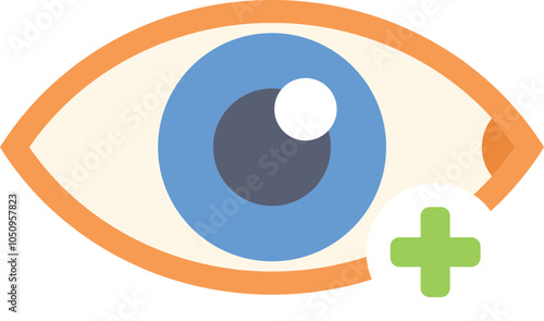 Simple flat vector illustration of a healthy human eye with a plus sign symbol indicating good vision