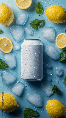 White beer can with fresh mint, oranges and ice on blue background.