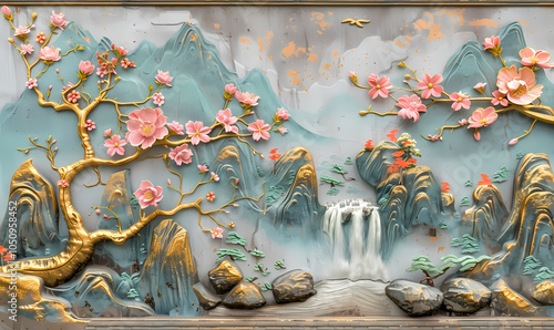 Volumetric stucco molding on a concrete wall with golden elements, Japanese landscape, waterfall, mountains, sakura colorful