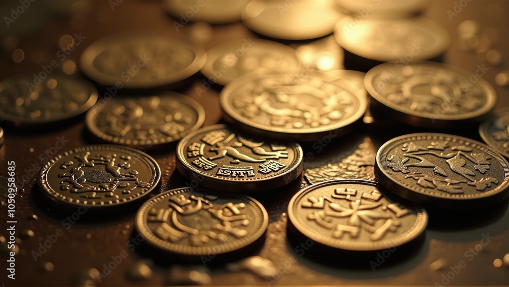 Close-up of various old, intricate coins with symbols and patterns in soft focus. Generative, AI, Close-up of various old, intricate coins with symbols and patterns in soft focus. Generative, AI,