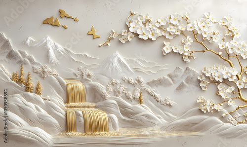 Volumetric stucco molding on a concrete wall with golden elements, Japanese landscape, waterfall, mountains, sakura colorful