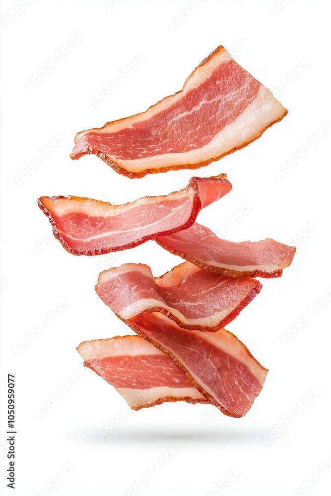 Obraz premium Slices of raw bacon floating against a white background, showcasing rich marbling, red and pink tones, and a tempting, fresh appearance
