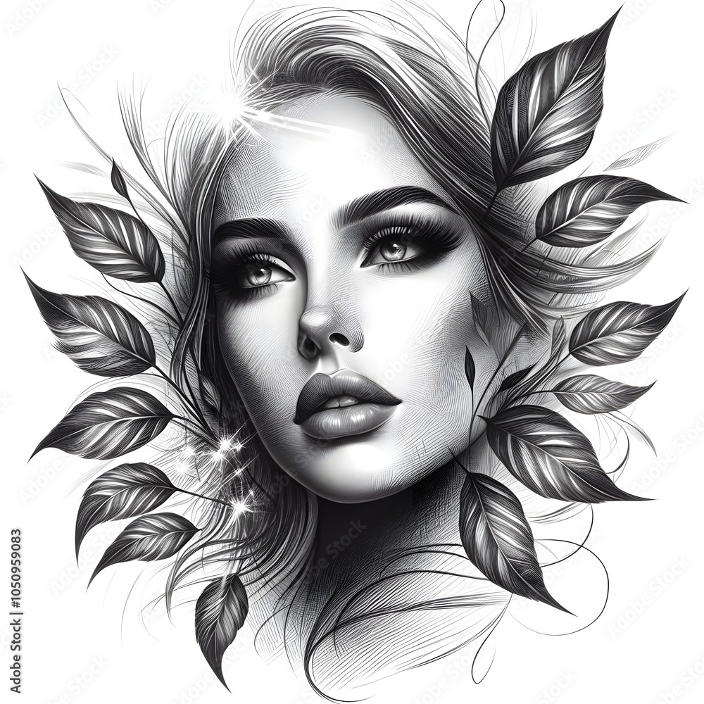Fototapeta premium A portrait of a woman with delicate facial features, intertwined with leaves, blending human beauty with nature. Fine lines and light effects emphasize the detailed composition.