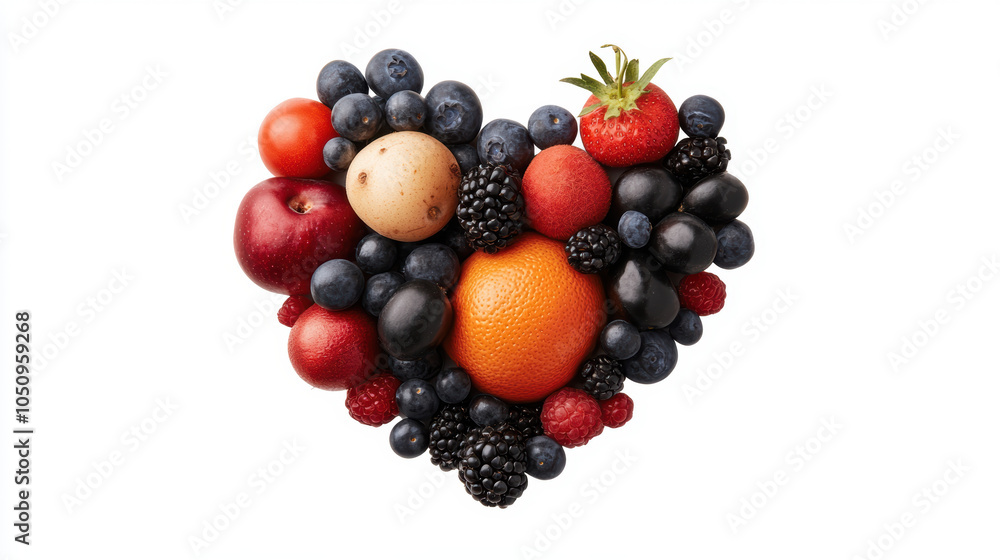 Vibrant fruits and vegetables arranged in heart shape create visually appealing display, symbolizing love for healthy eating and natures bounty Vibrant fruits and vegetables arranged in heart shape create visually appealing display, symbolizing love for healthy eating and natures bounty