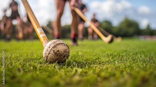 Close-up of a Hurling Stick and Sliothar on Grass photo