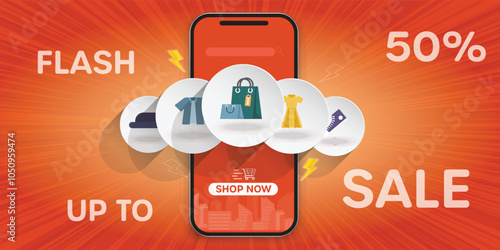Sale signs and online shopping on the phone. mega sale and flash sale and payday