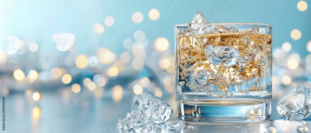 Refreshing glass of whiskey with ice cubes perfectly blending color and clarity against a soft background of bokeh lights evoking a sense of luxury and leisure in every sip Refreshing glass of whiskey with ice cubes perfectly blending color and clarity against a soft background of bokeh lights evoking a sense of luxury and leisure in every sip
