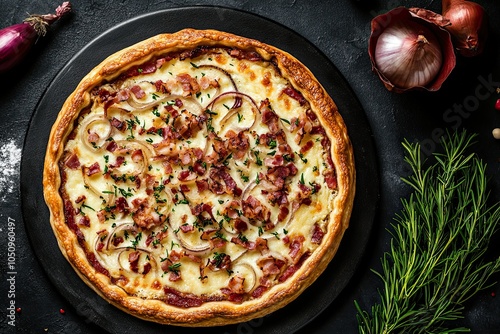 French tarte flambee with cream cheese, bacon and onions. Flammkuchen from Alsace region. Dark background. Top view photo